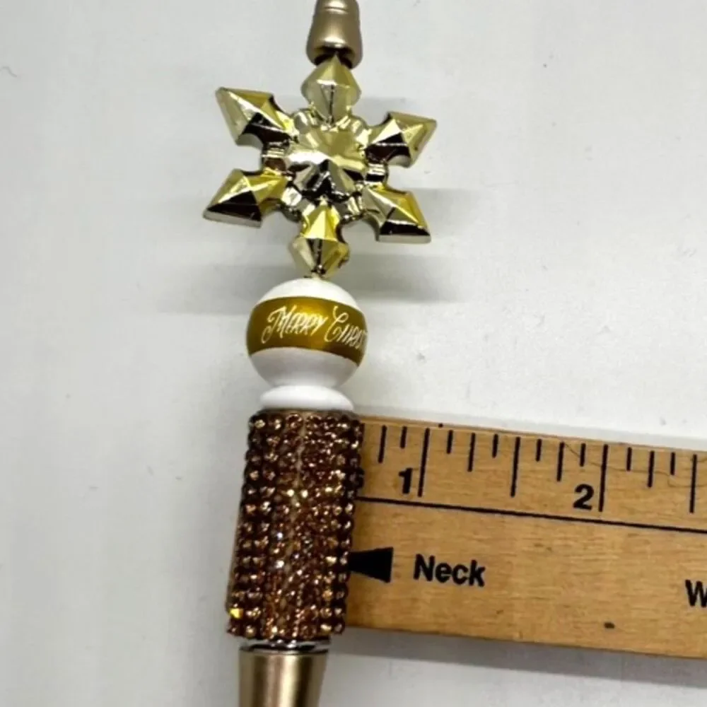 Unique Handmade Merry Christmas Gold Brown Crystal Snowflake Beaded Pen